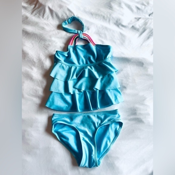 Justice Girls 2 Piece Ruffled Halter Rainbow Strap Tankini Swimsuit Size S 7/8 - Picture 4 of 11